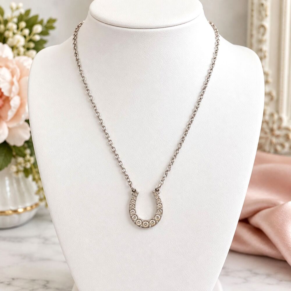 Vintage Swarovski Rhinestone Horseshoe Necklace Silver Tone Swan Tag 18"